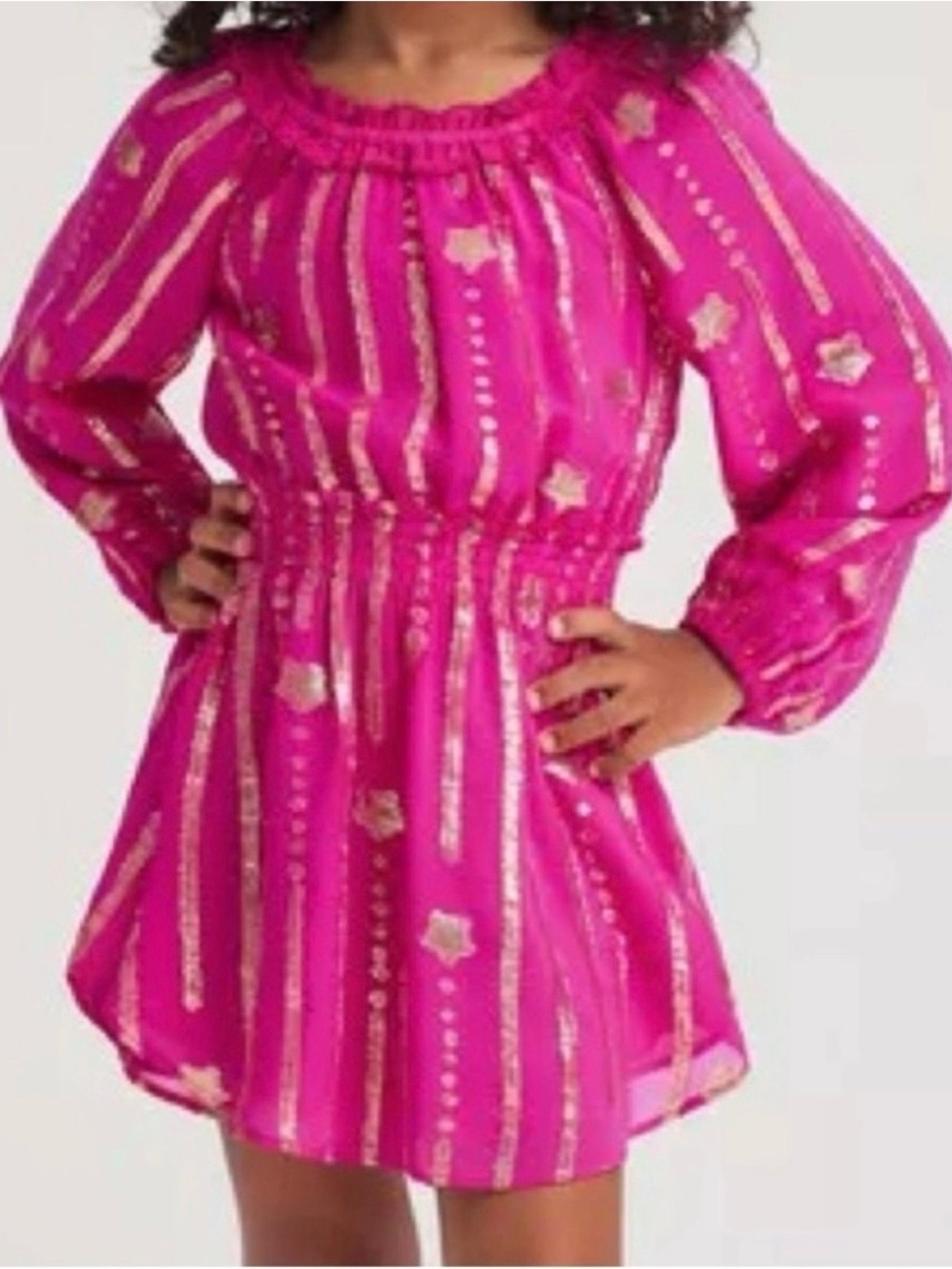 LoveShackFancy Mini Popover Dress in Very Berry Hot Pink with Gold Accents